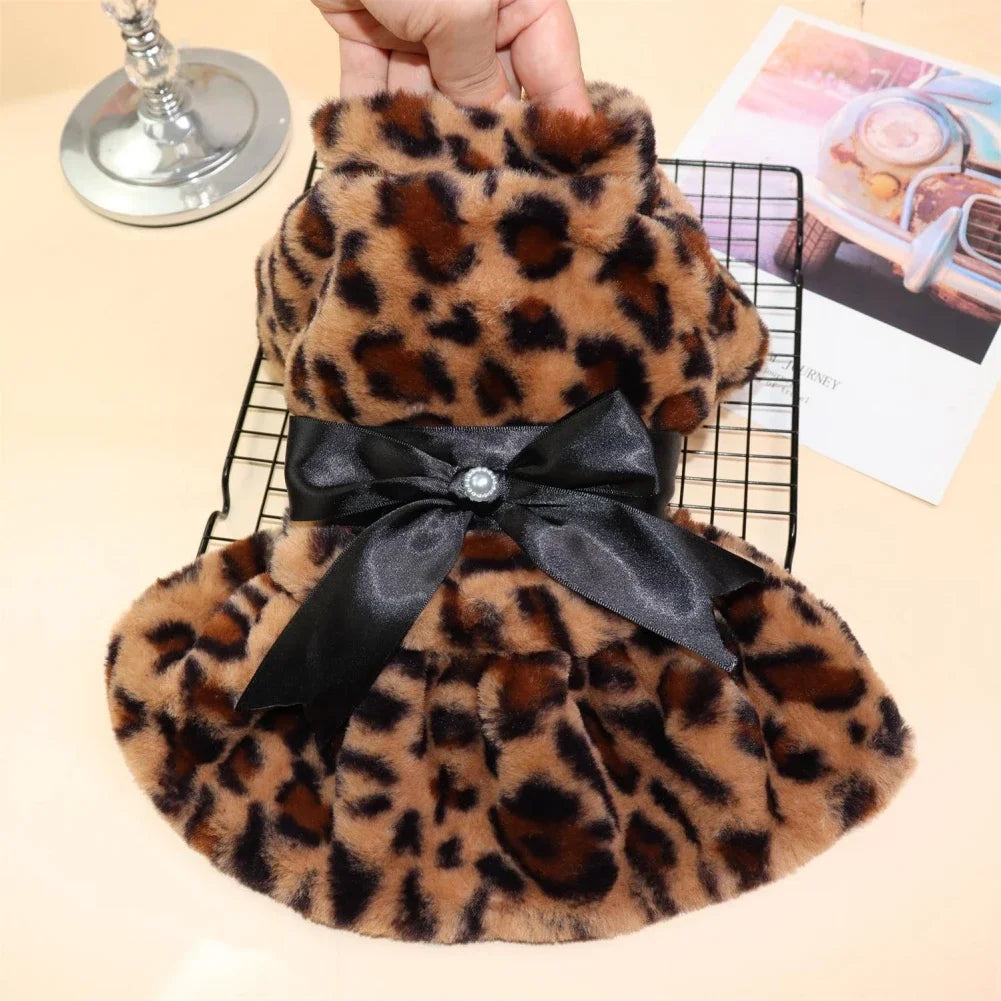 Winter Dog Dress Fleece Leopard Print Bow Plush Skirt