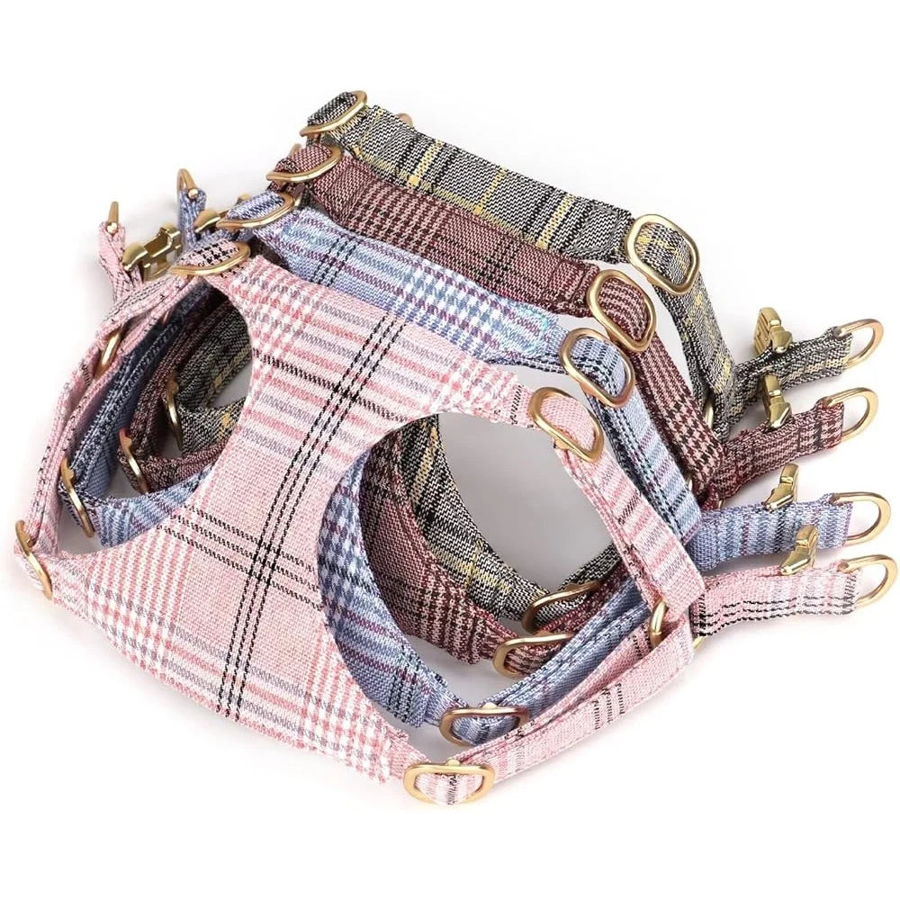 Cute Small Dog Harness Set Adjustable Soft Plaid Pet Collar Leash Bowtie for Puppies Walking Parties Comfort and Durability