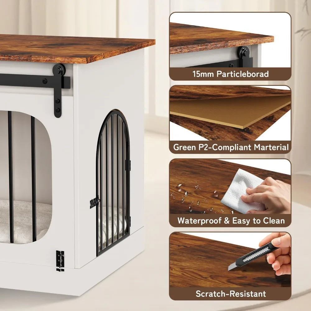 XL Dog Kennel Furniture Farmhouse Crate With Cushion Indoor White Thick Wooden Dog Cage 39.4 Inches