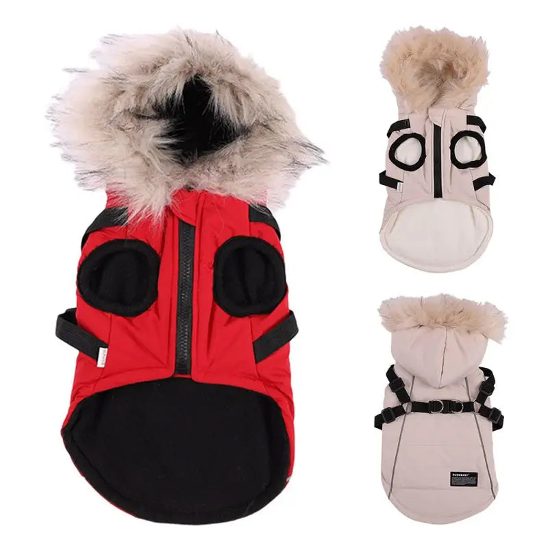 Autumn Winter Warm Dog Jacket With Harness Hooded Coat