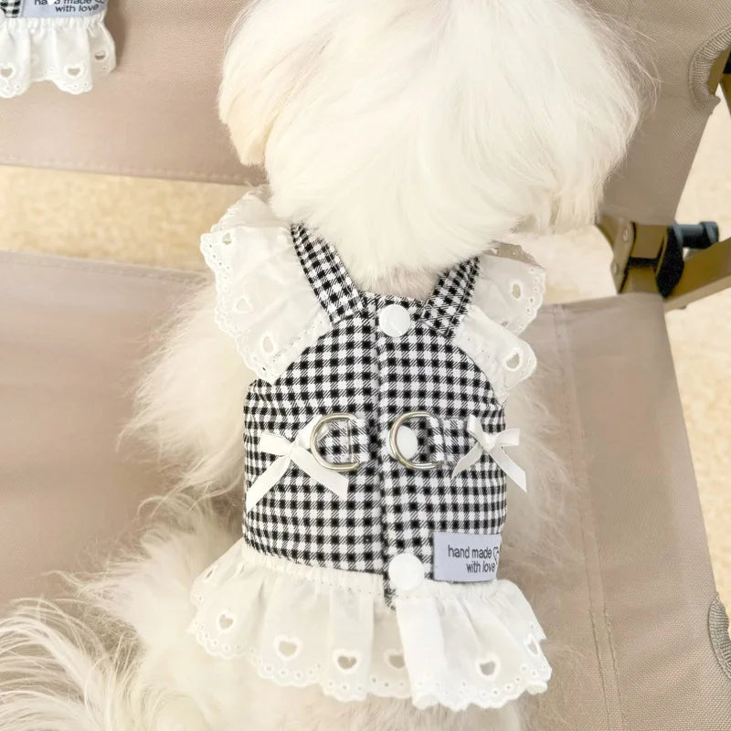 Lace Summer Clothes for Small Dogs Black Red Plaid Harness