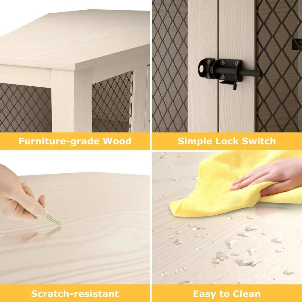 Wooden Dog Crate Furniture 44 Inch End Table With Mesh For Small To Medium Dogs Indoor Use Durable Waterproof