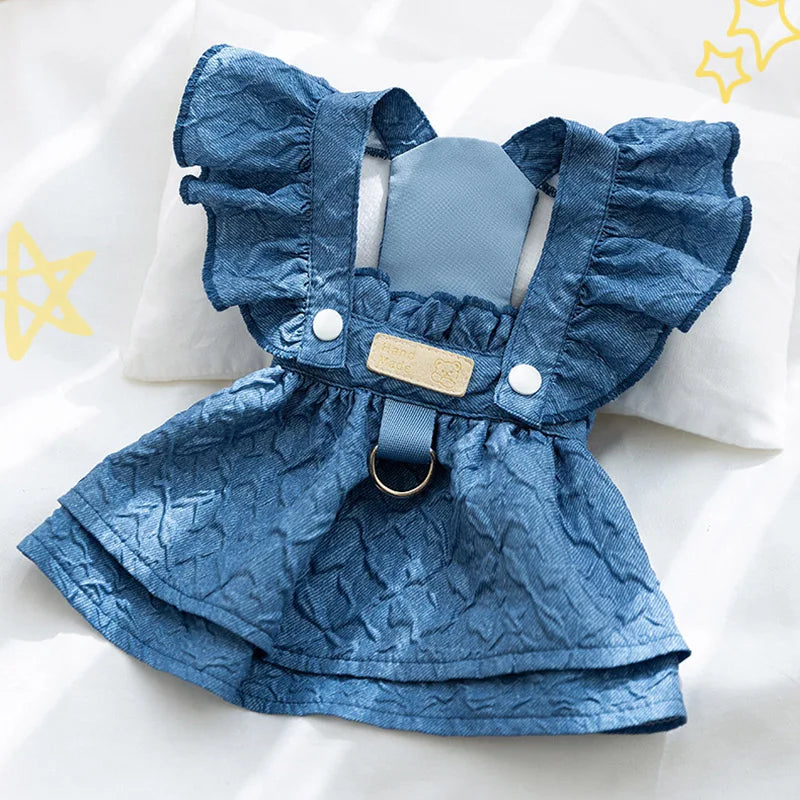 Denim Dog Dress for Small Dogs Leash Ring Blue Chihuahua