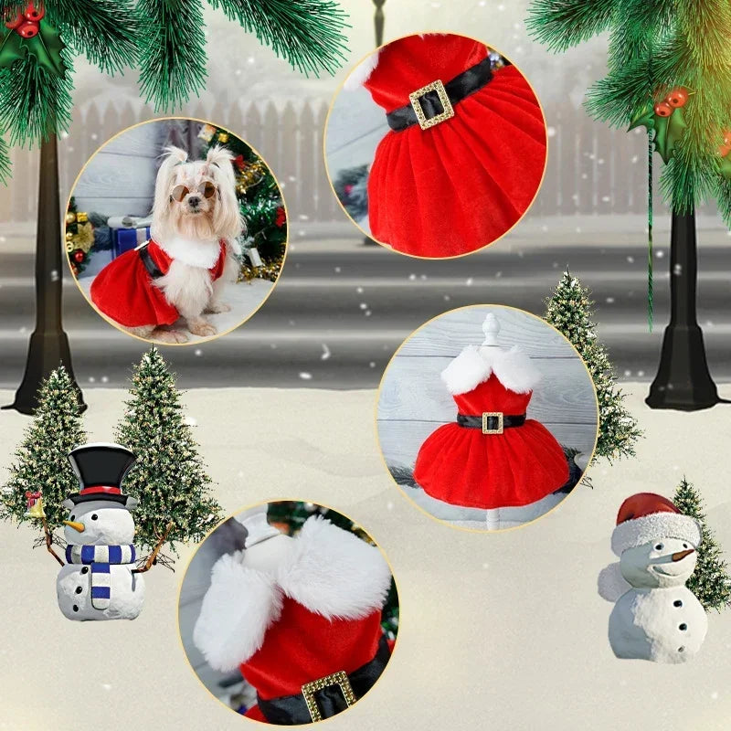Christmas Dog Coat Dress Red Skirt Bow Warm Holiday Costume