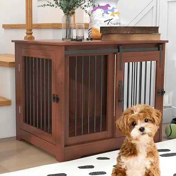 Solid Wood Farmhouse Style Dog Crate With Dual Door Access For Medium Dogs Indoor Kennel