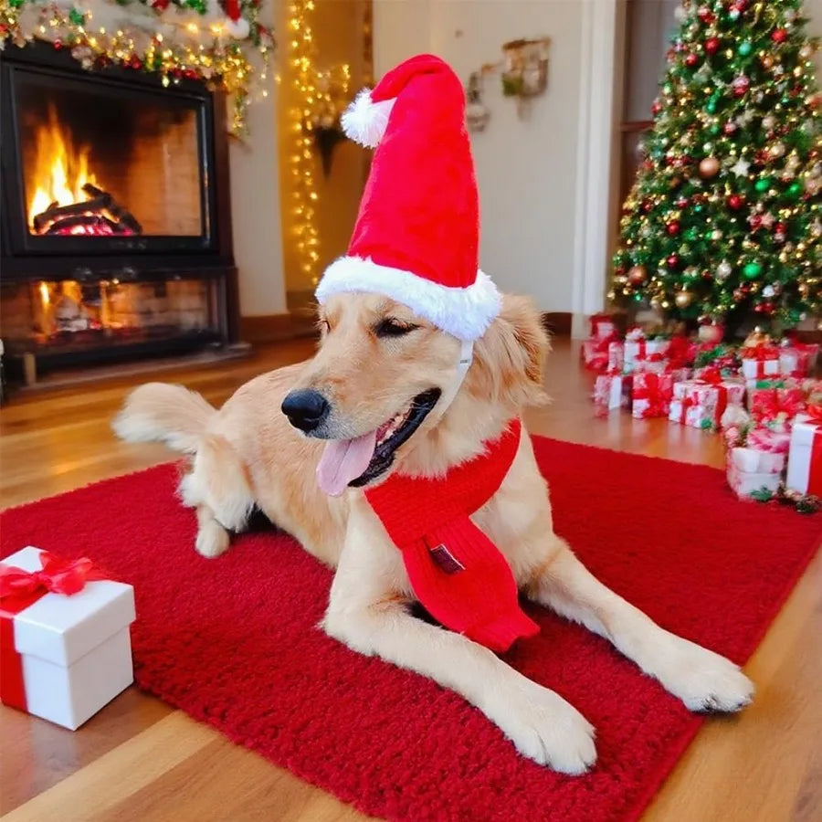 Santa Hat And Scarf Set For Medium To Large Dogs Two Piece Adjustable Christmas Costume