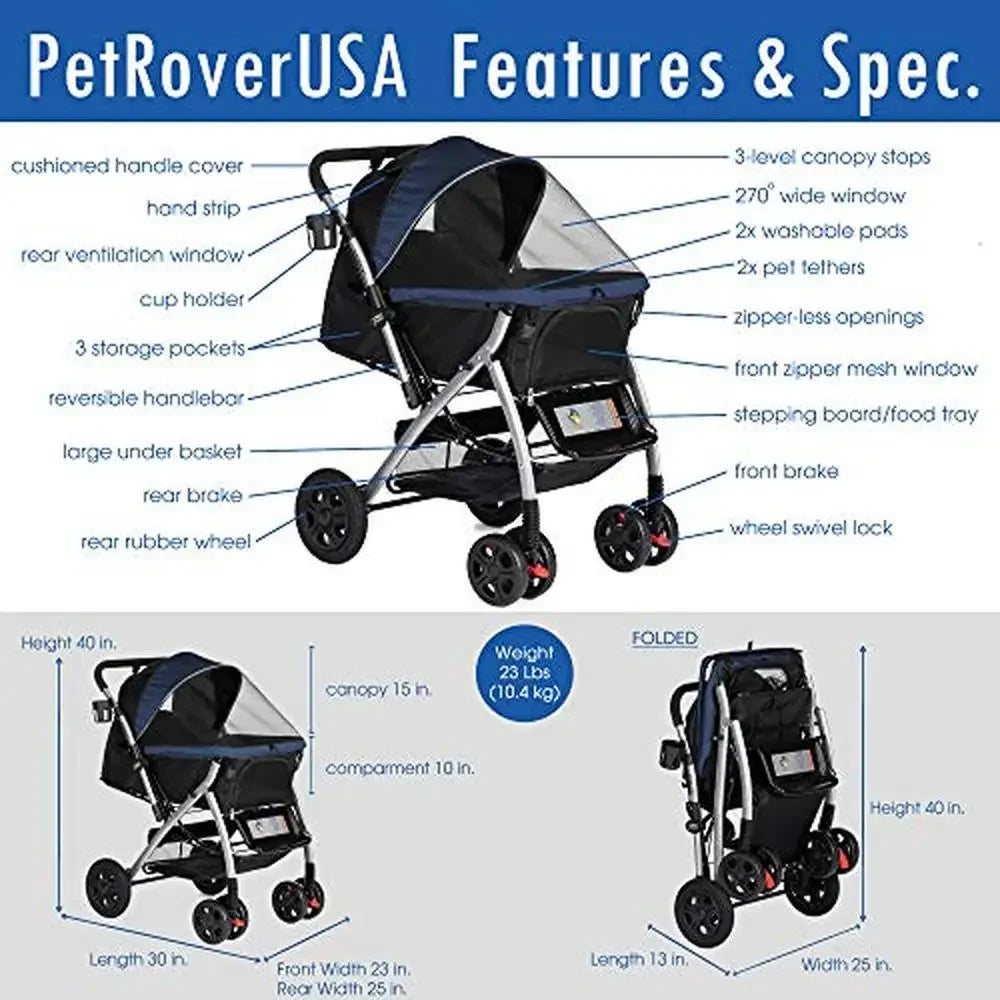Heavy Duty Dog Cat Stroller With Convertible Compartment Reversible Entry And Brake System For Travel And Shopping