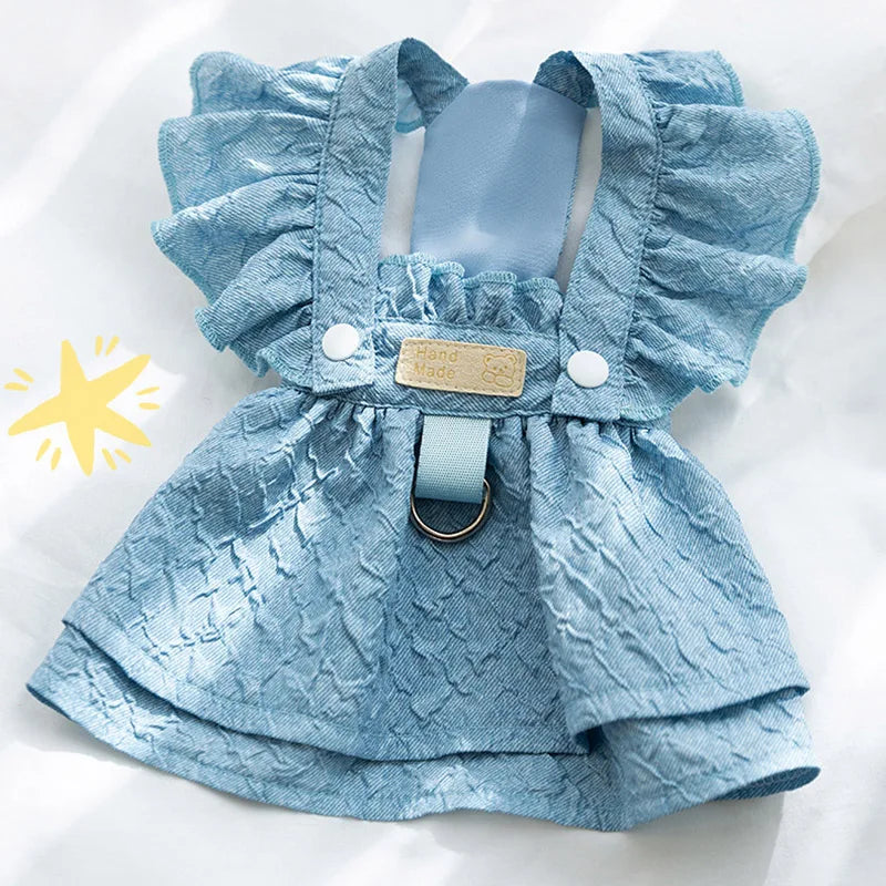 Denim Dog Dress for Small Dogs Leash Ring Blue Chihuahua