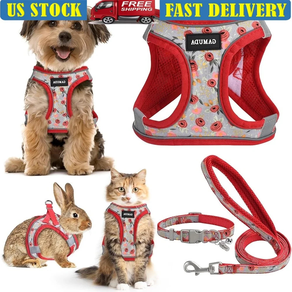 Adjustable Small Dog Harness Collar Leash Set No Pull Soft Mesh Reflective Vest with ID Tag