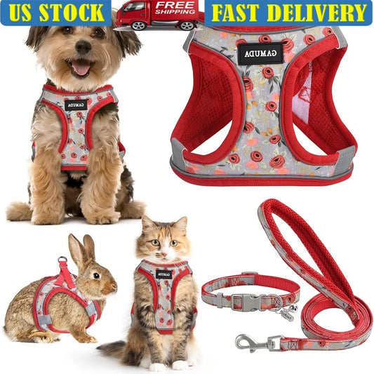 Adjustable Small Dog Harness Collar Leash Set No Pull Soft Mesh Reflective Vest with ID Tag