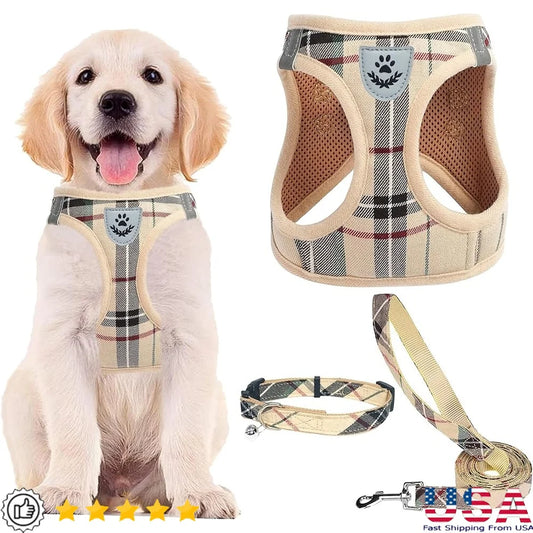 Adjustable No Pull Dog Harness Collar and Leash Set Step In Breathable Soft Pet Gear for Small and Medium Dogs and Cats for Outdoor Walking and Running