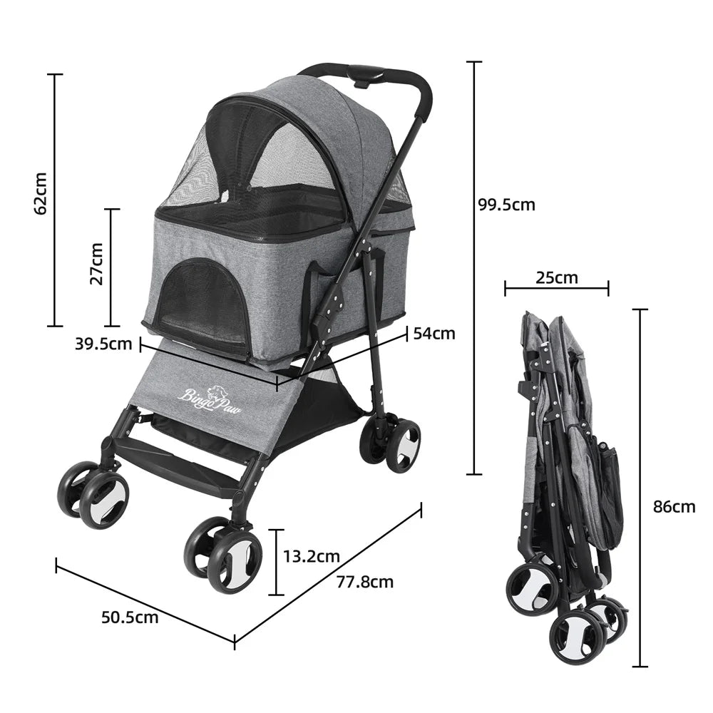 Foldable Pet Stroller Travel Carrier For Dogs And Cats With 4 Wheels And Rain Cover