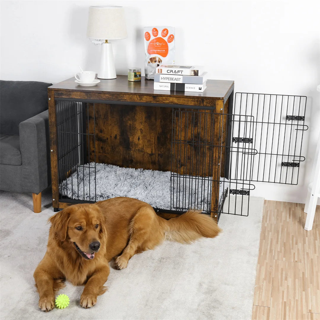 Spacious Dog Cage Furniture End Table Pet Kennel Crate Indoor Wooden Brown Medium and Large Dog Cage
