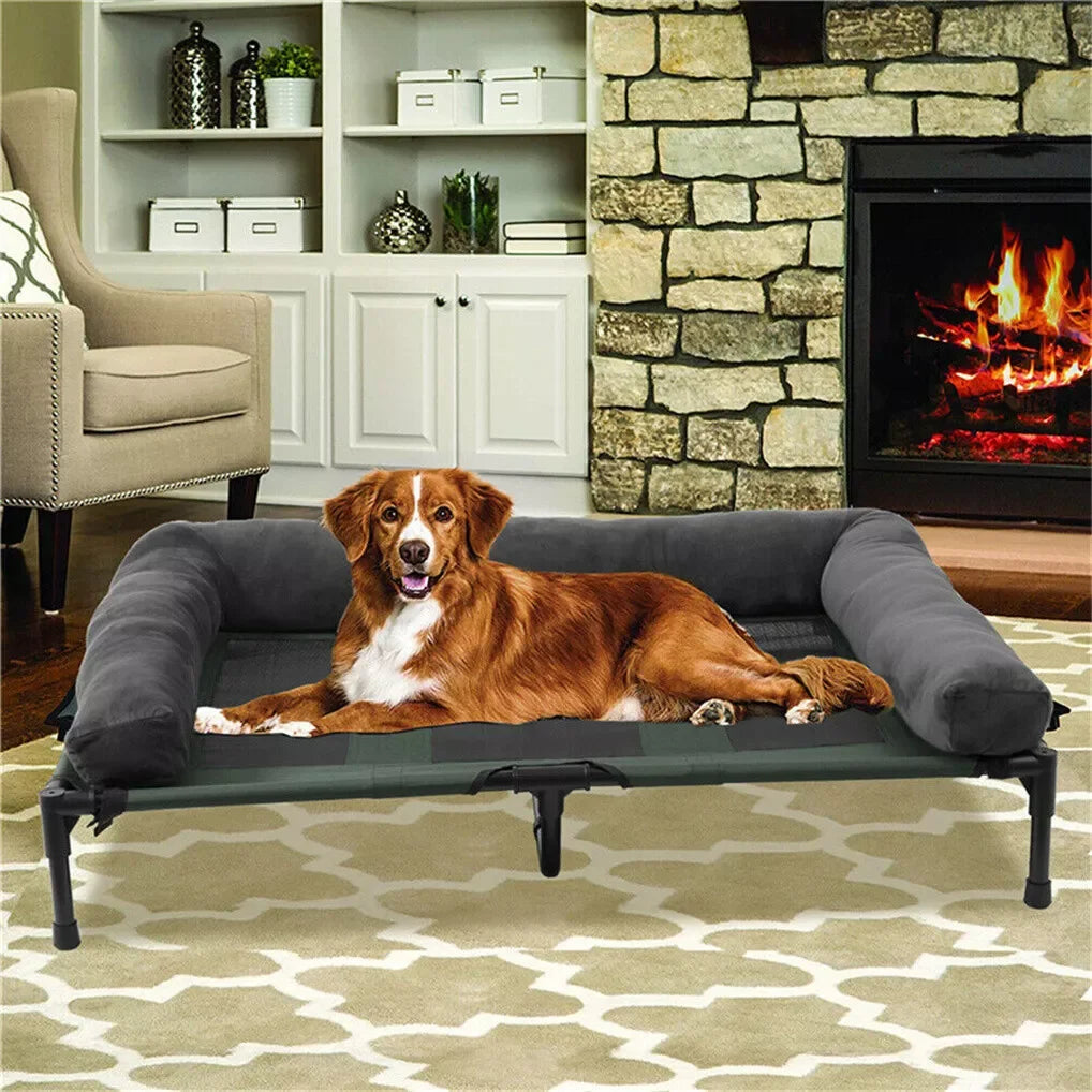 BINGOPAW Outdoor Elevated Dog Bed Cooling Raised Pet Lounger Mesh Cot Sleep Camping Bed with Detachable Plush Bolster