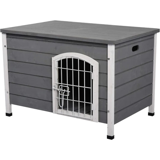 31 Inch Wooden Dog Cage Kennel With Wire Door And Lock Grey