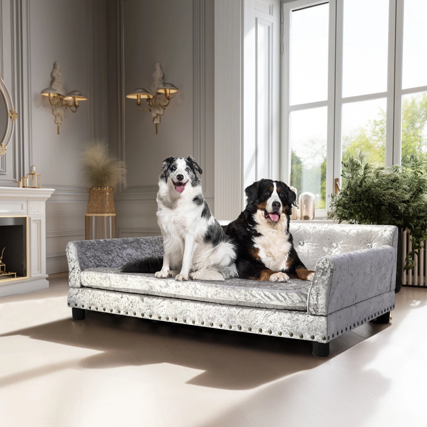Luxury Velvet Tufted Dog Sofa Bed Large Elevated Pet Bed Upholstered Cushion Wooden Frame Couch