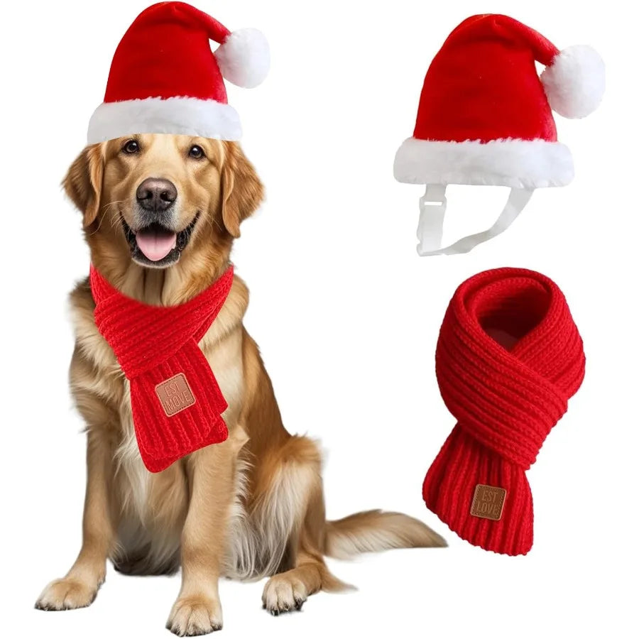 Santa Hat And Scarf Set For Medium To Large Dogs Two Piece Adjustable Christmas Costume
