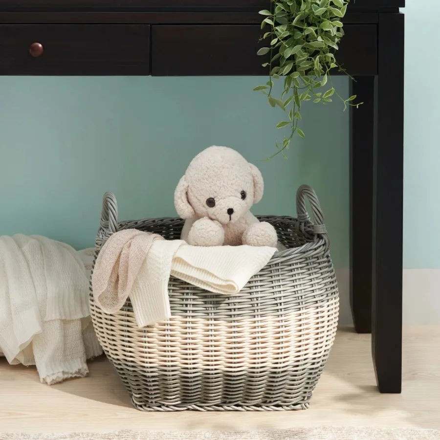 Zita Oval Resin Woven Wicker Multi Use Storage Basket with Handles 18 Inch x 15 Inch x 15 Inch White Gray for Towels Toys Magazines