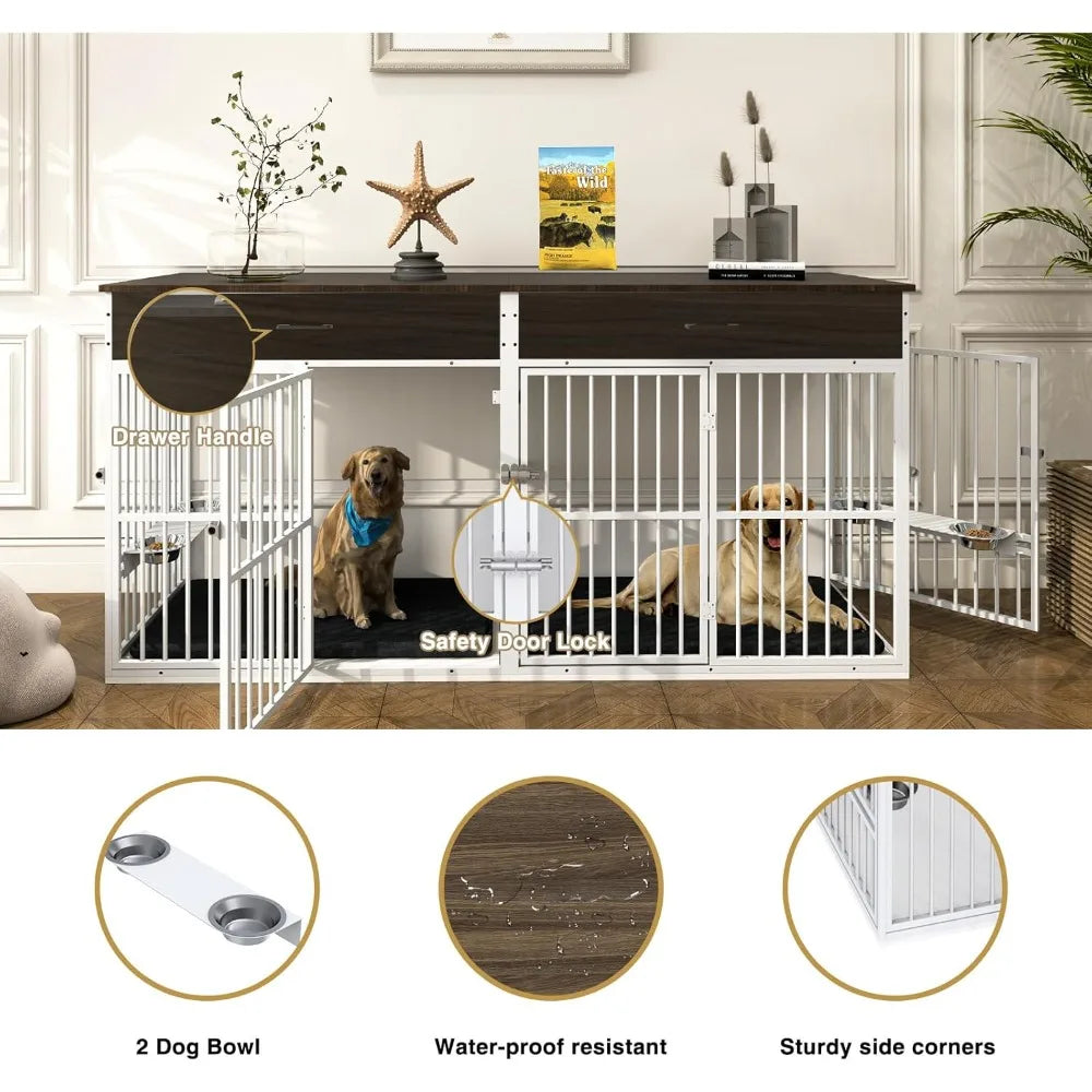 71 Inch Heavy Duty Large Dog Crate 2 Dogs TV Stand Wood