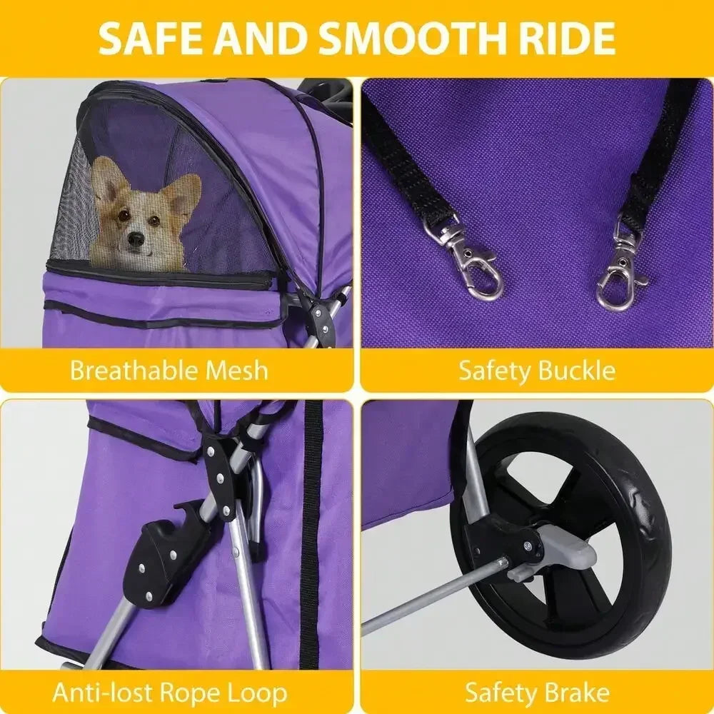 Foldable Pet Stroller 4-Wheels Dog Cat Stroller with Basket & Cup Holder Purple