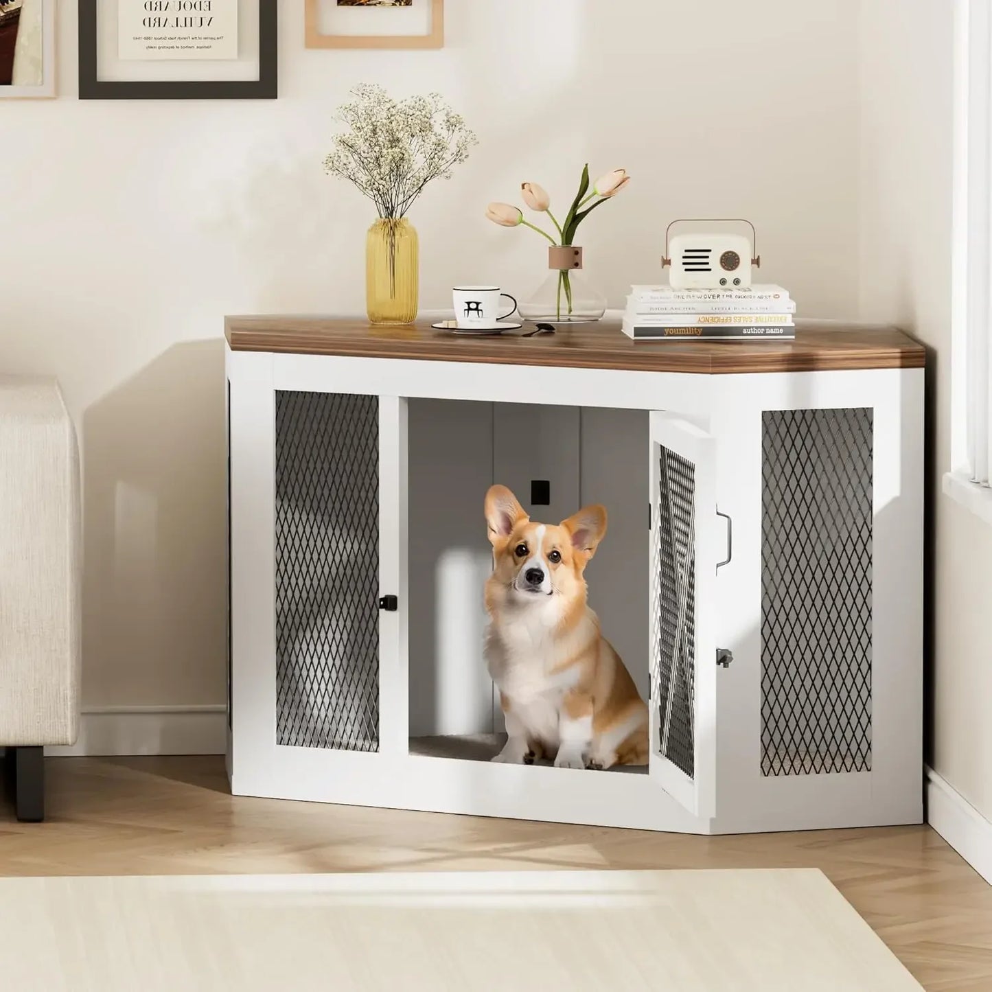 Corner Dog Crate Furniture Kennel End Table Mesh Panels