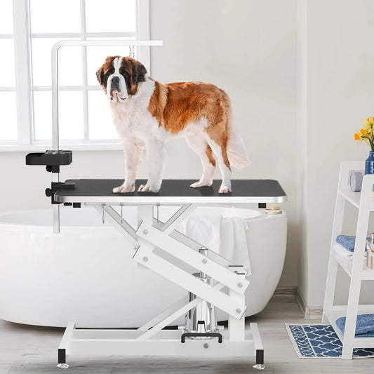 Hydraulic Pet Grooming Table with Anti Static Table Top Heavy Duty Z Lift Dog Grooming Table Adjustable Height 21 to 36 Inches with Armrests and Leash Covers 330 Pounds Capacity