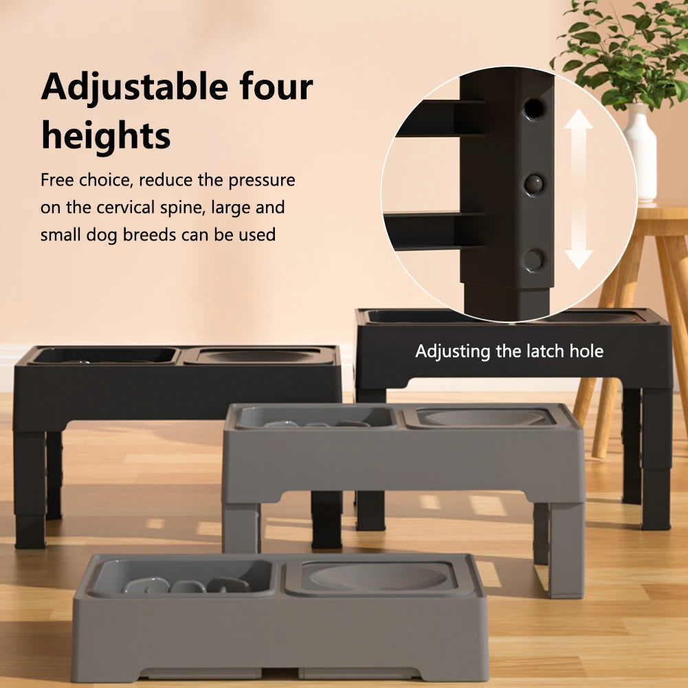 Elevated Dog Food Slow Feeder with Adjustable Heights Raised Dog Bowl Stand and Stainless Steel Bowls Anti Slip Design