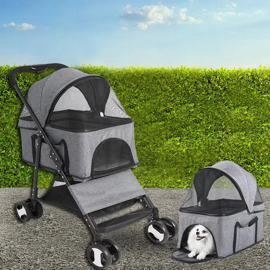 Foldable Pet Stroller Travel Carrier For Dogs And Cats With 4 Wheels And Rain Cover