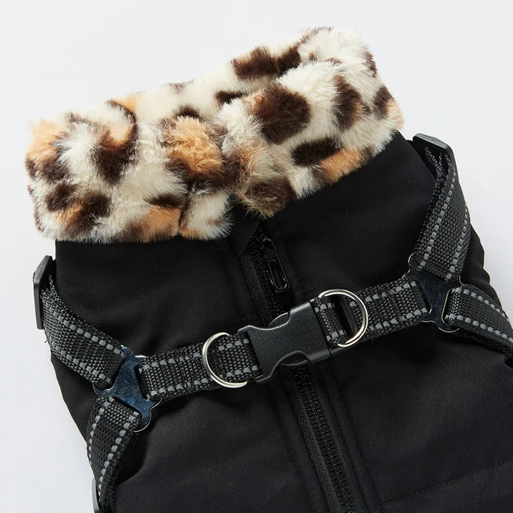 Winter Warm Dog Jacket With Harness Fur Collar For Dogs