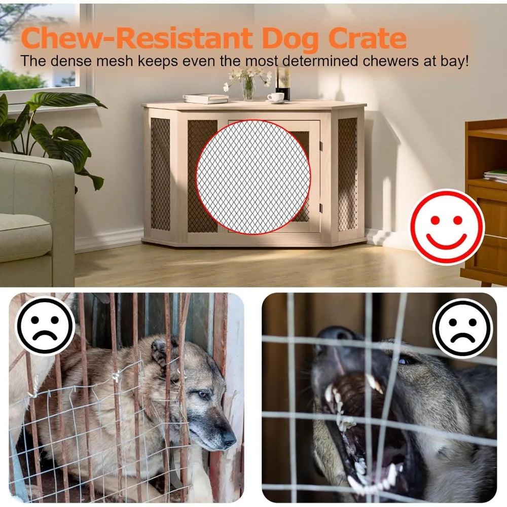 Wooden Dog Crate Furniture 44 Inch End Table With Mesh For Small To Medium Dogs Indoor Use Durable Waterproof