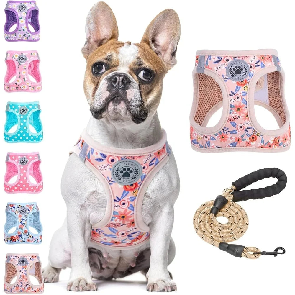 Floral Dog Harness and Leash Set No Pull No Choke Escape Proof Step In Vest with Padded Handle Lightweight Durable and Breathable for Small Dogs