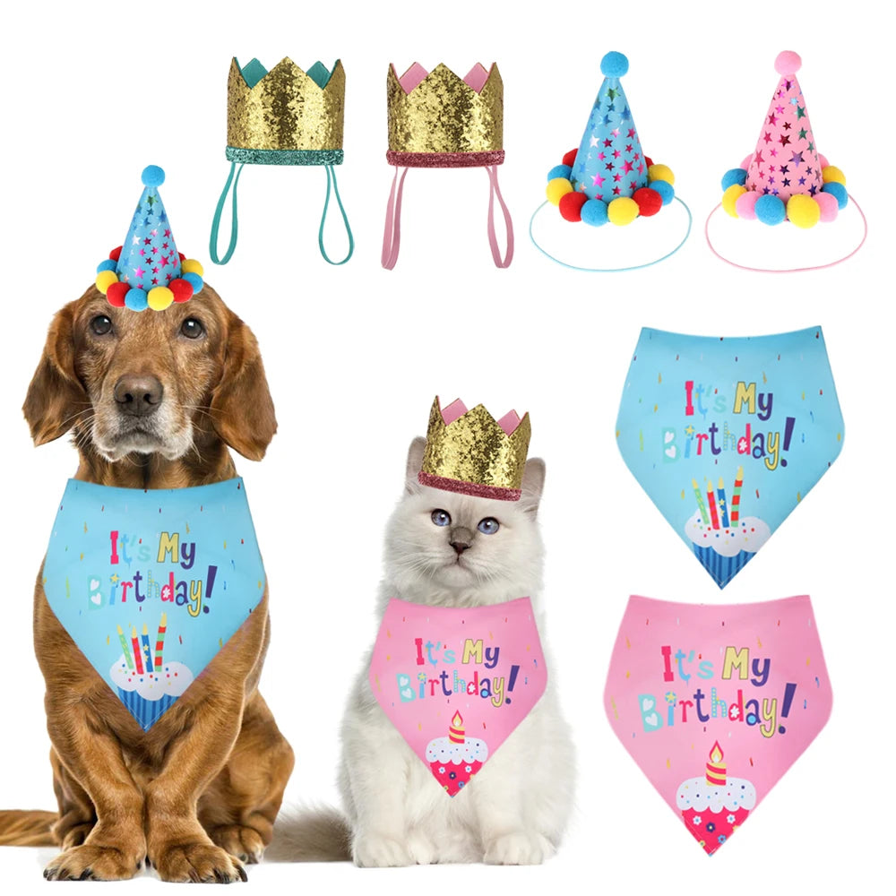 Pet Dogs Cats Birthday Caps Bibs Sequin Design Headwear Cap Hat Scarf Puppy Costume Christmas Party Bandana Pets Accessories