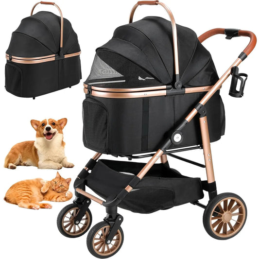 360 Degree High Wheel Foldable Pet Stroller 2 In 1 Dog Buggy Cat Carrier Attachable To Car Max Load 25 Kg