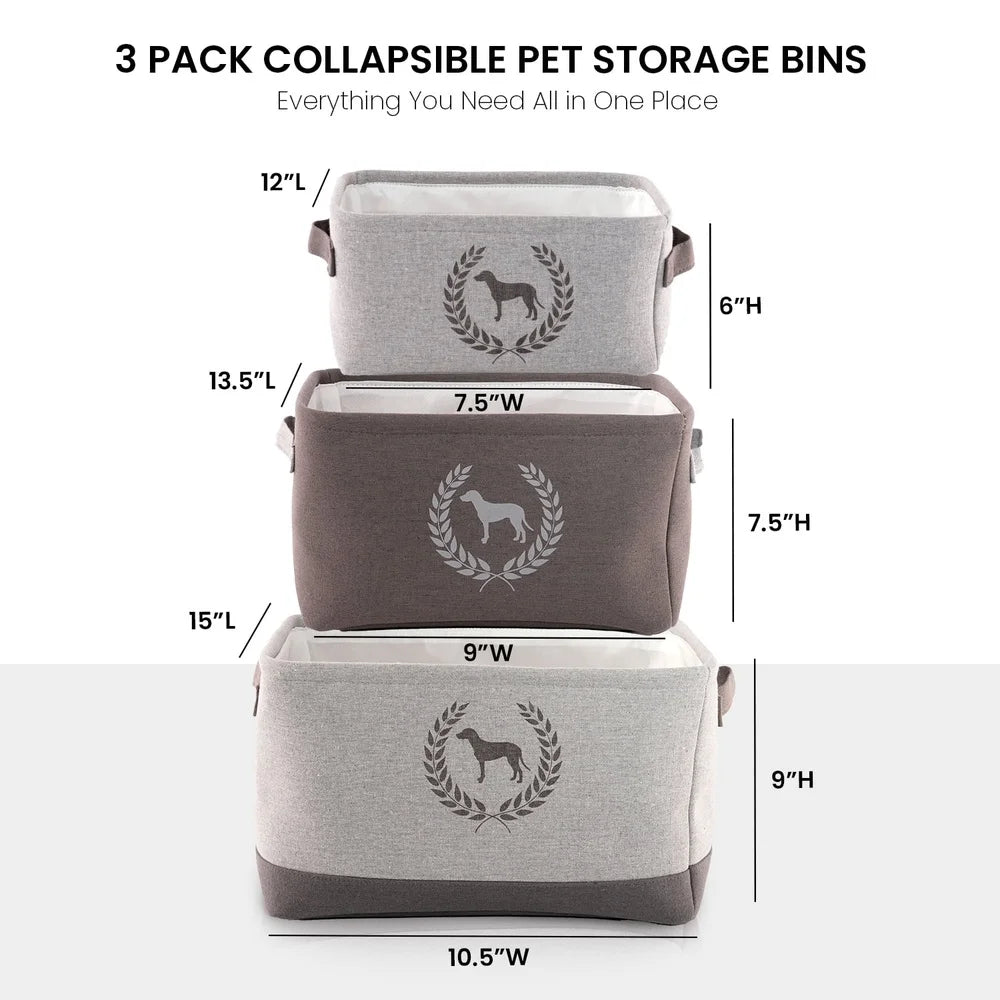 Linen Dog Storage Bins Set of 3 Eco-Friendly Pet Organizers for Toys Treats Leashes Collars Medicine and Grooming Tools