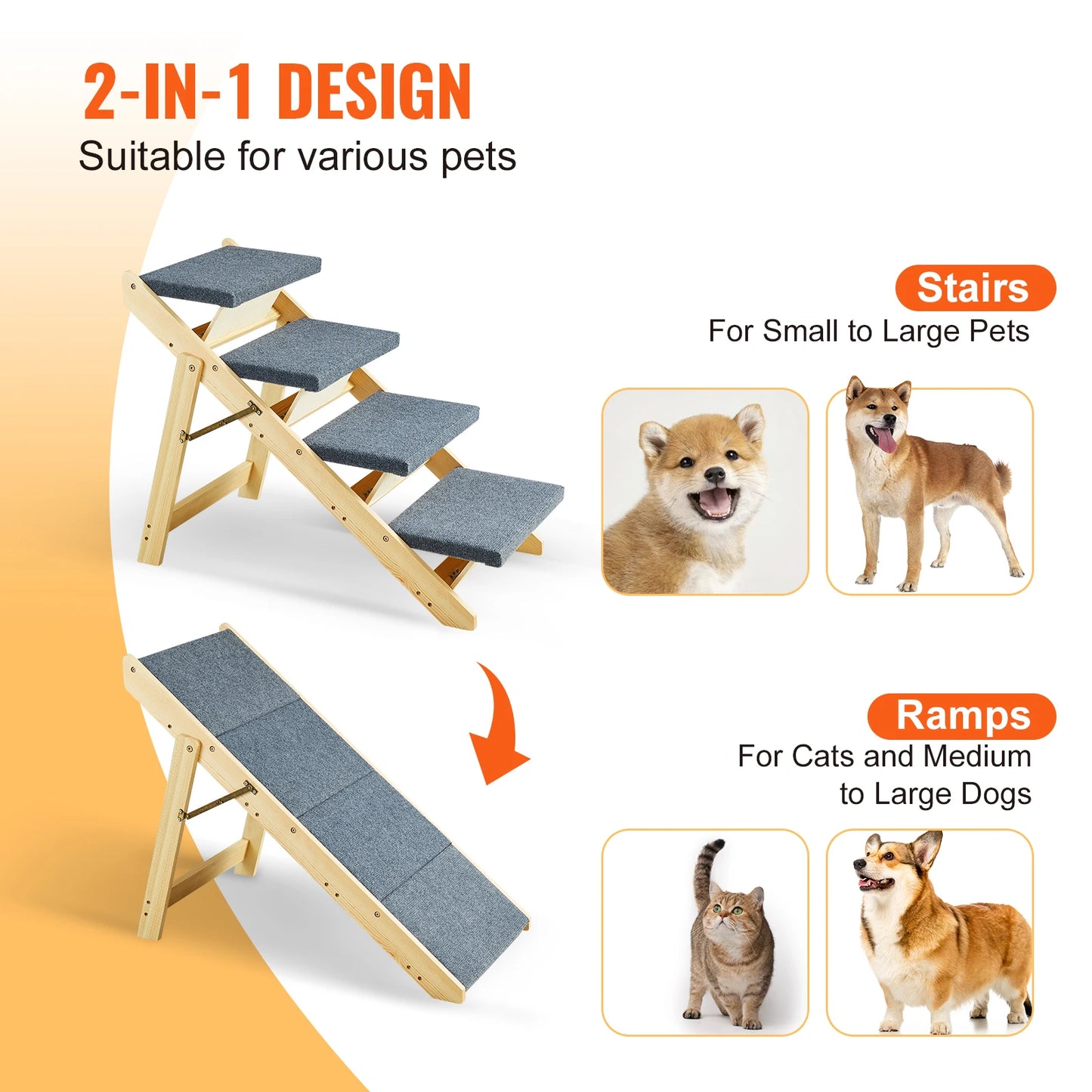 SucceBuy Wooden Pet Steps and Ramp Combo 2 in 1 Design Foldable Access for Beds for Pets of Small to Large Size
