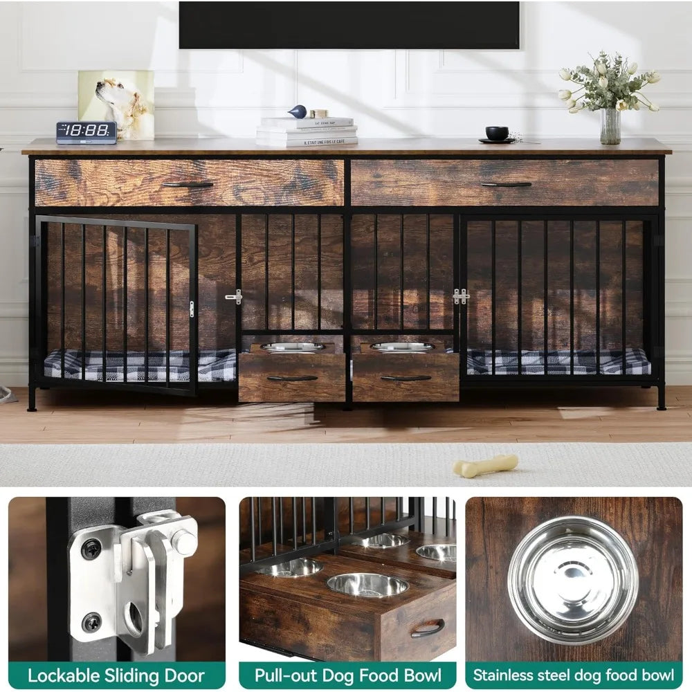 Double Dog Crate Furniture With Feeder Storage Large Breed