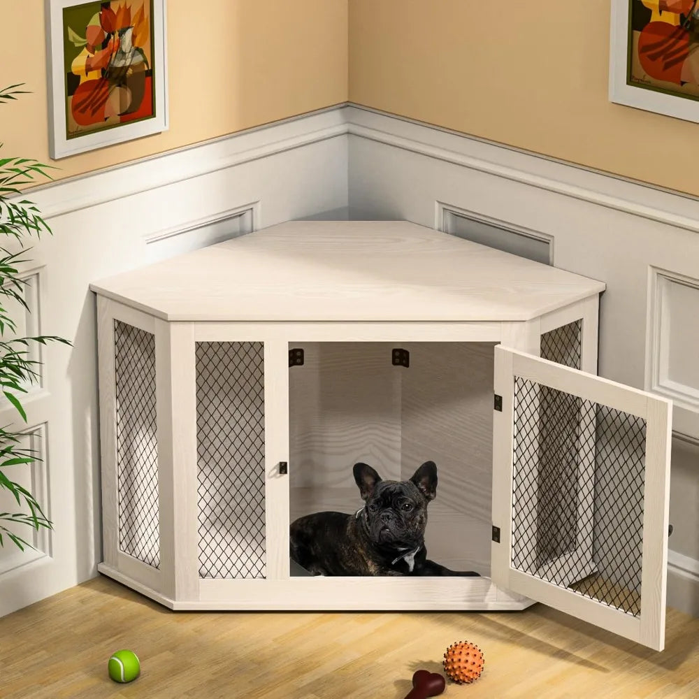 Wooden Dog Crate Furniture 44 Inch End Table With Mesh For Small To Medium Dogs Indoor Use Durable Waterproof