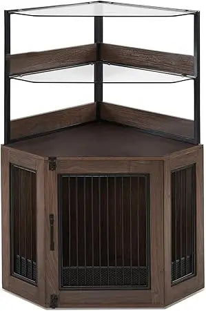 Small Corner Dog Crate Furniture with Glass Shelves Wooden Dog Kennel Indoor Use Brown