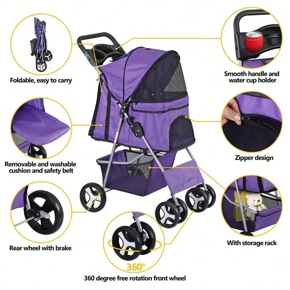 Foldable Pet Stroller 4-Wheels Dog Cat Stroller with Basket & Cup Holder Purple
