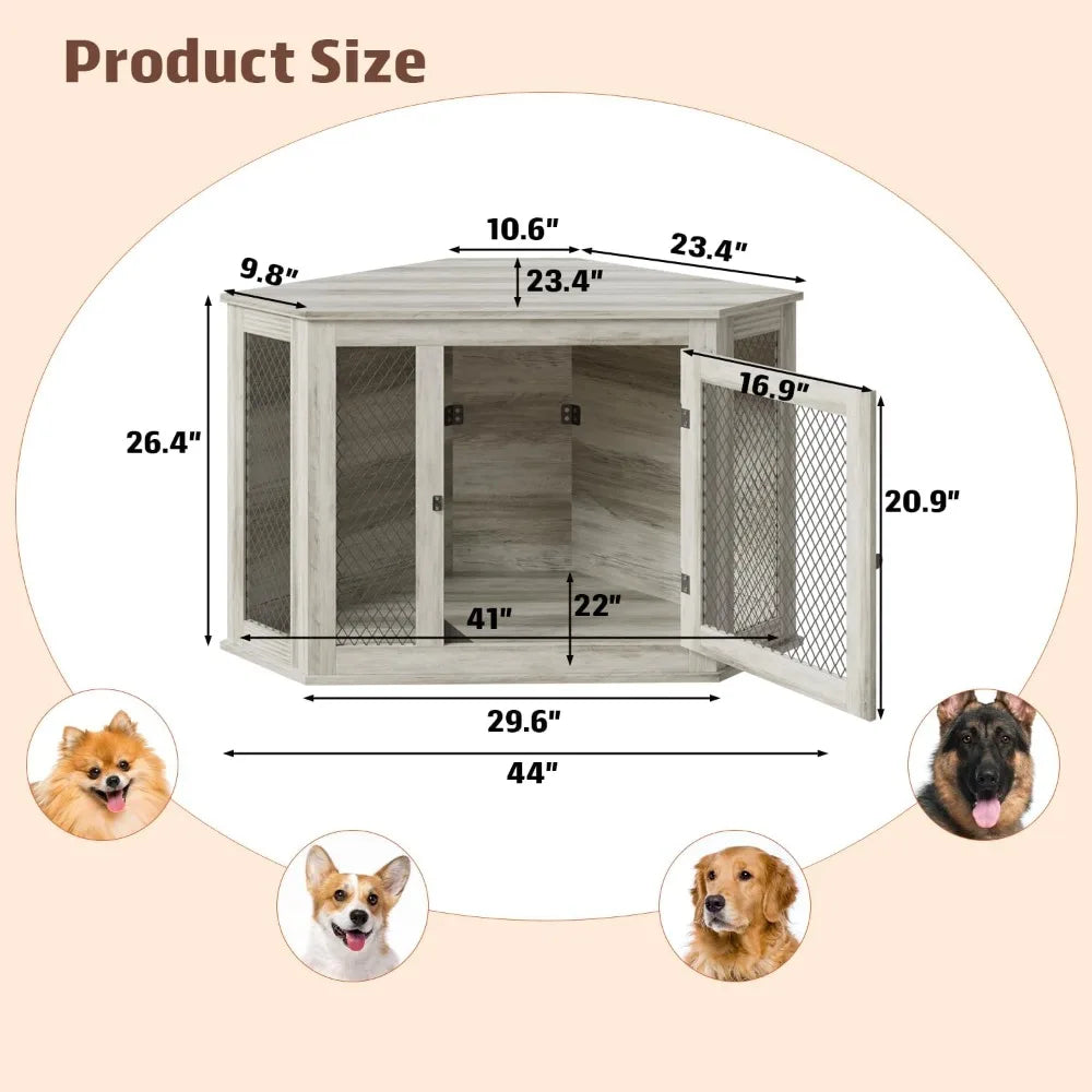 44 Inch Corner Dog Crate Furniture Wooden Kennel With Mesh