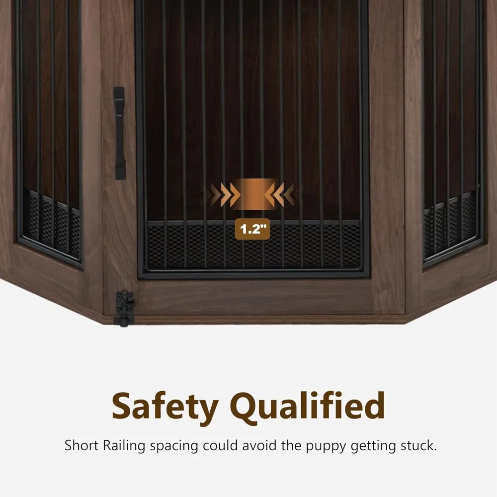 Small Corner Dog Crate Furniture with Glass Shelves Wooden Dog Kennel Indoor Use Brown