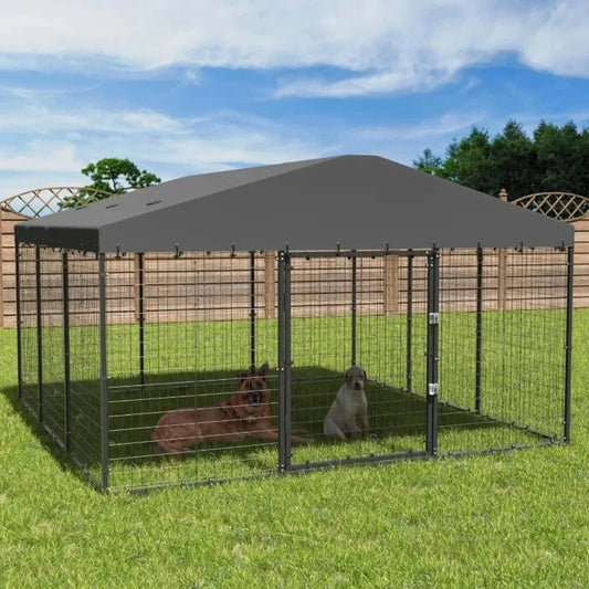 Large Dog Kennel Outdoor with Waterproof Roof Cover Heavy Duty Dog Enclosure with Upgraded Metal Mesh and Secure Door Locks