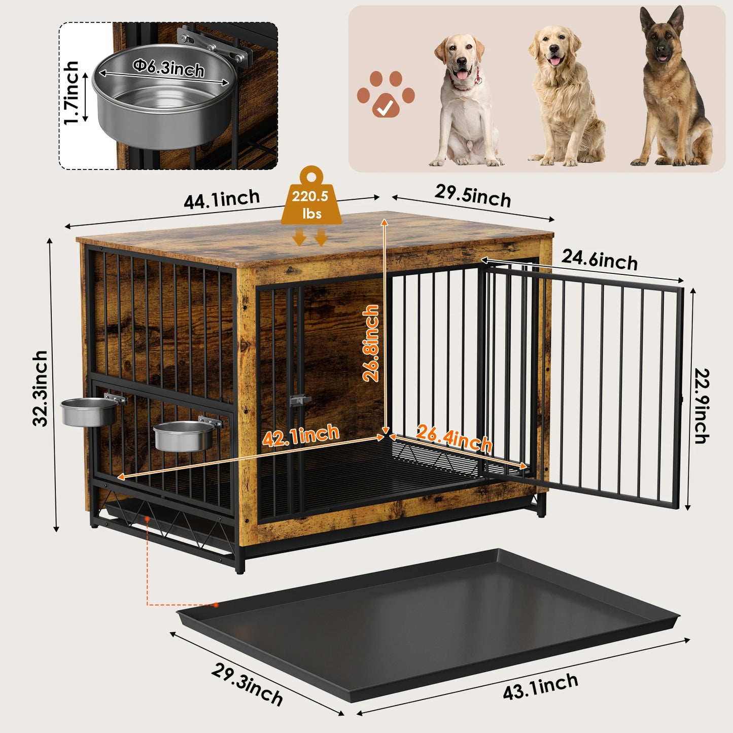 Wooden Dog Crate Furniture With 360 Rotatable Removable Bowls End Table Tray Double Doors Kennels For Medium Indoor Dogs