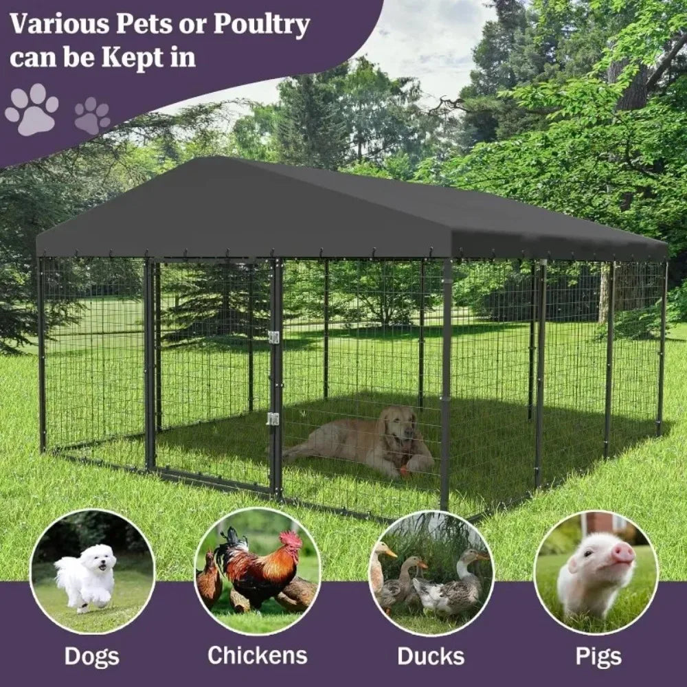 Large Dog Kennel Outdoor with Waterproof Roof Cover Heavy Duty Dog Enclosure with Upgraded Metal Mesh and Secure Door Locks