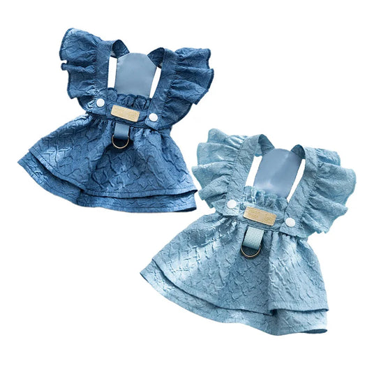 Denim Dog Dress for Small Dogs Leash Ring Blue Chihuahua