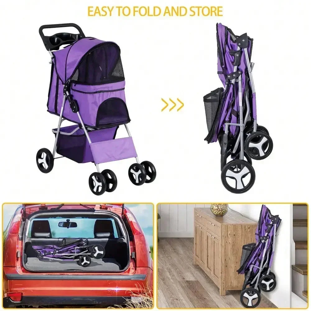 Foldable Pet Stroller 4-Wheels Dog Cat Stroller with Basket & Cup Holder Purple