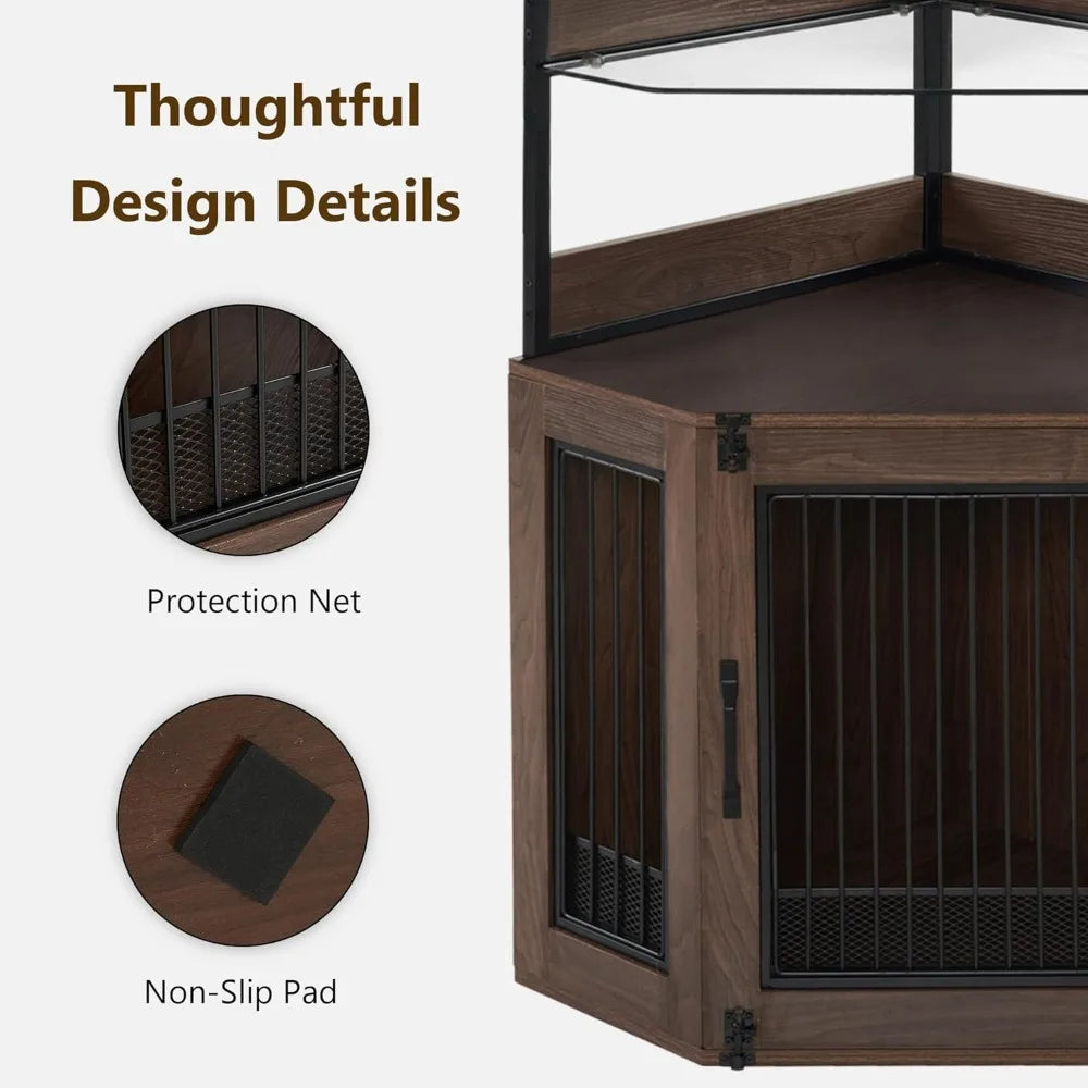 Small Corner Dog Crate Furniture with Glass Shelves Wooden Dog Kennel Indoor Use Brown