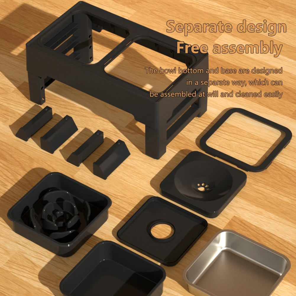Elevated Dog Food Slow Feeder with Adjustable Heights Raised Dog Bowl Stand and Stainless Steel Bowls Anti Slip Design