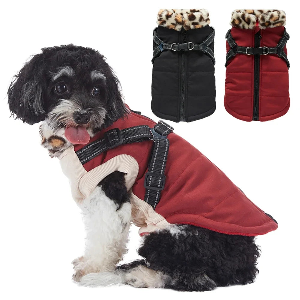 Winter Warm Dog Jacket With Harness Fur Collar For Dogs