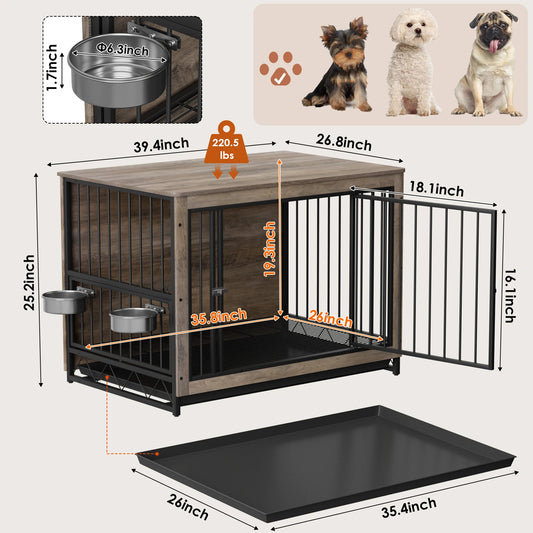 Wooden Dog Crate Furniture With 360 Rotatable Removable Bowls End Table Tray Double Doors Kennels For Medium Indoor Dogs